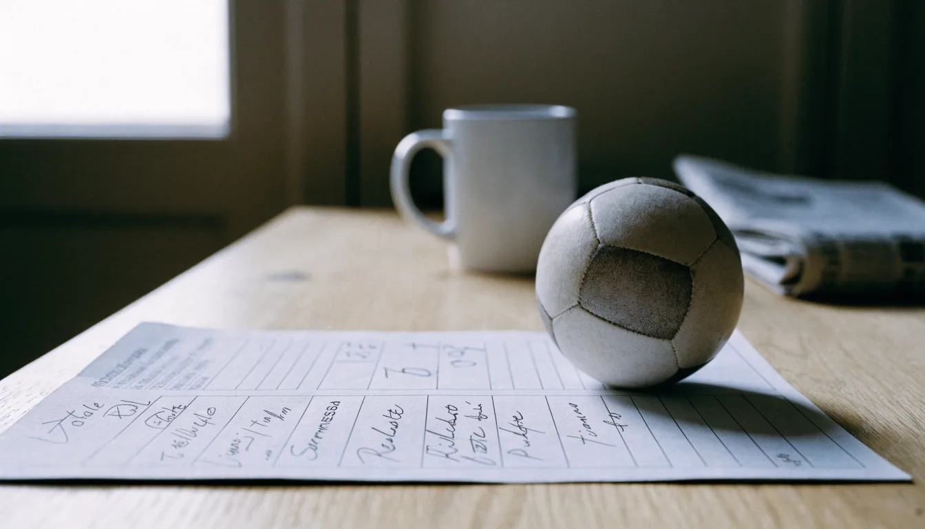 Un pallone da calcio appoggiato su una schedina bianca su un tavolo di legno, alla luce del giorno